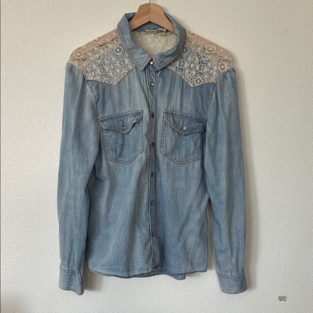 Mudd Blue Denim Top with White Lace